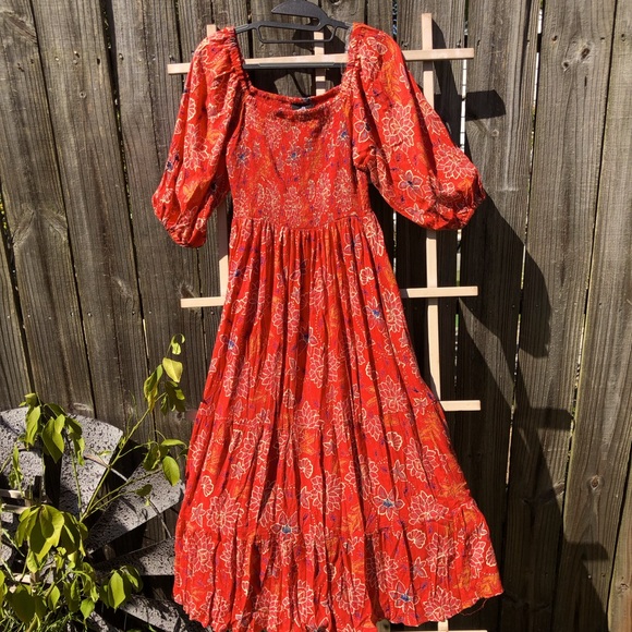 Angie Peasant Sleeve Red Print Maxi Dress M - Picture 4 of 12